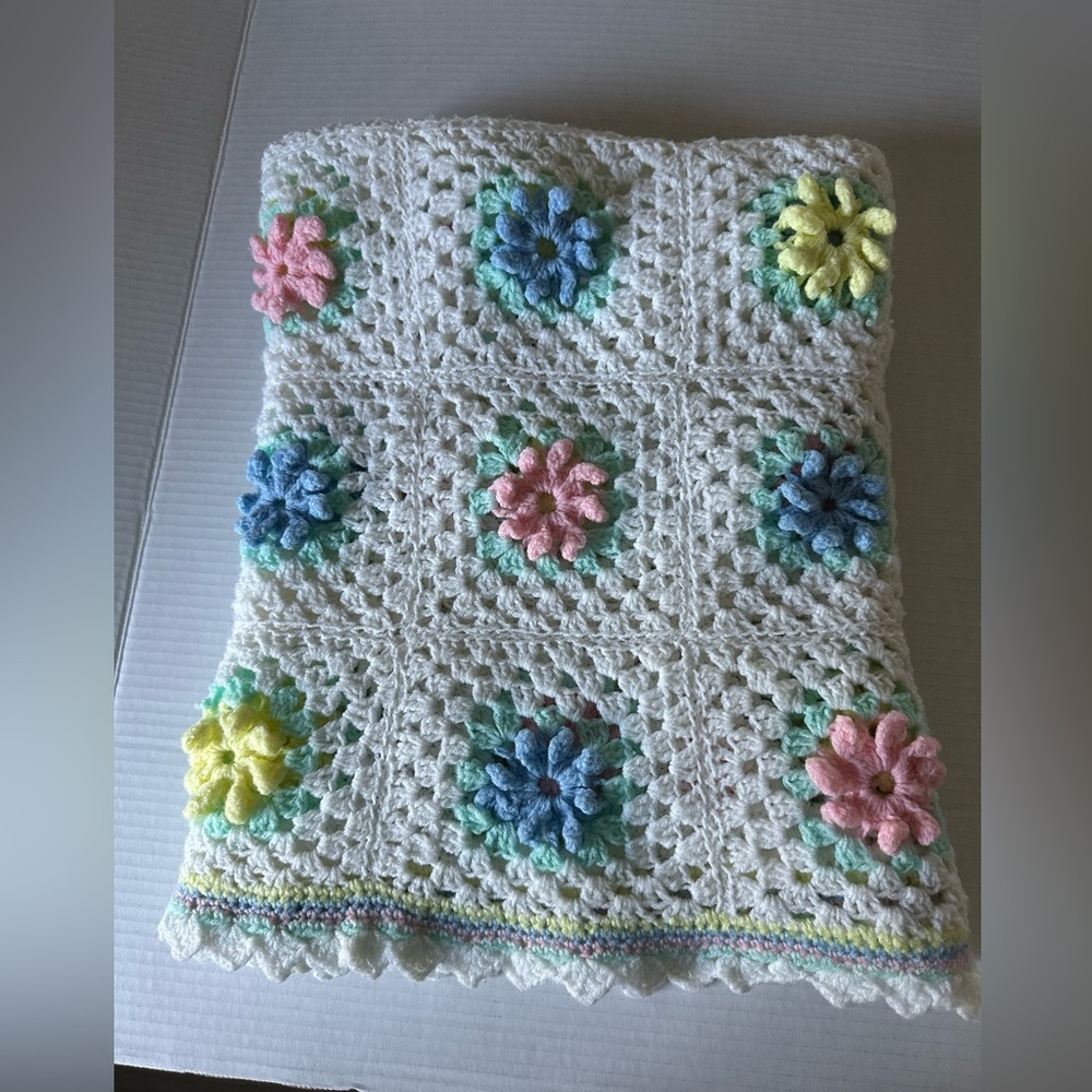 Baby Blanket Vintage Granny Square Handmade Crochet with Floral Design